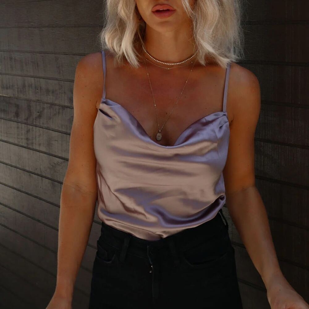 Vici Satin Cowl Neck Bodysuit in Lavender